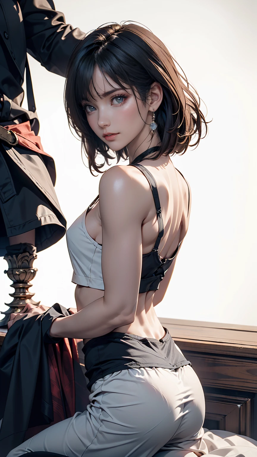 masterpiece, Highest quality, Very detailed, Best Shadow, Beautifully detailed face, Beautiful attention to detail, High Contrast,, One girl, small, (Flat Chest), bangs, Hair on one eye, Black bare shoulders,, White Background:1.3, (Face Focus:1.3, Eye close-up:1.3), ((From behind:1.3)), Butt,