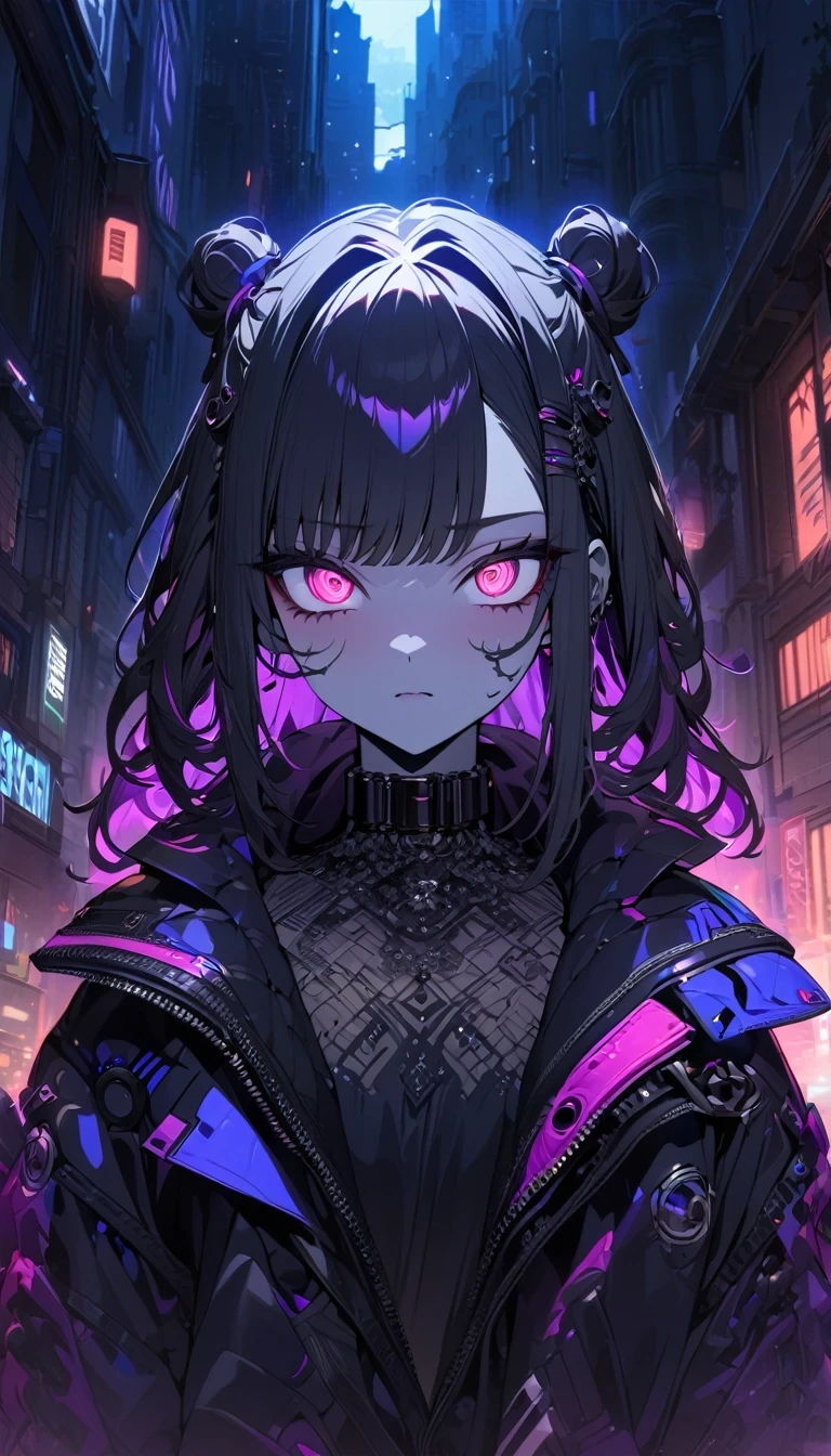 ((masterpiece, best quality)), very aesthetic, ultra detailed, intricate details, highly detailed, UHD, HDR, 8K, very tired goth woman, beautiful, 2077style, cyber pop style, face focus, perfect face, Silhouette creepy highschool girl in part at night with glowing eyes, night, atmosphere, detailed background, neat and clean, thin lines, vibrant environment background, (newest anime art style)