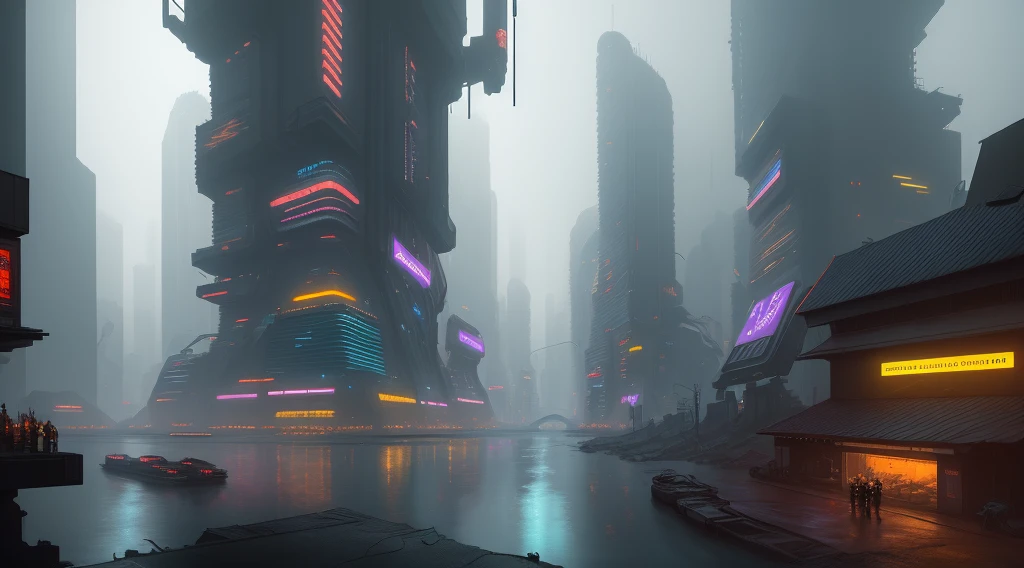 Futuristic Cyberpunk City with river, scenography, Blade Runner city, fantastical scenes, insane details, trending on ArtStation.