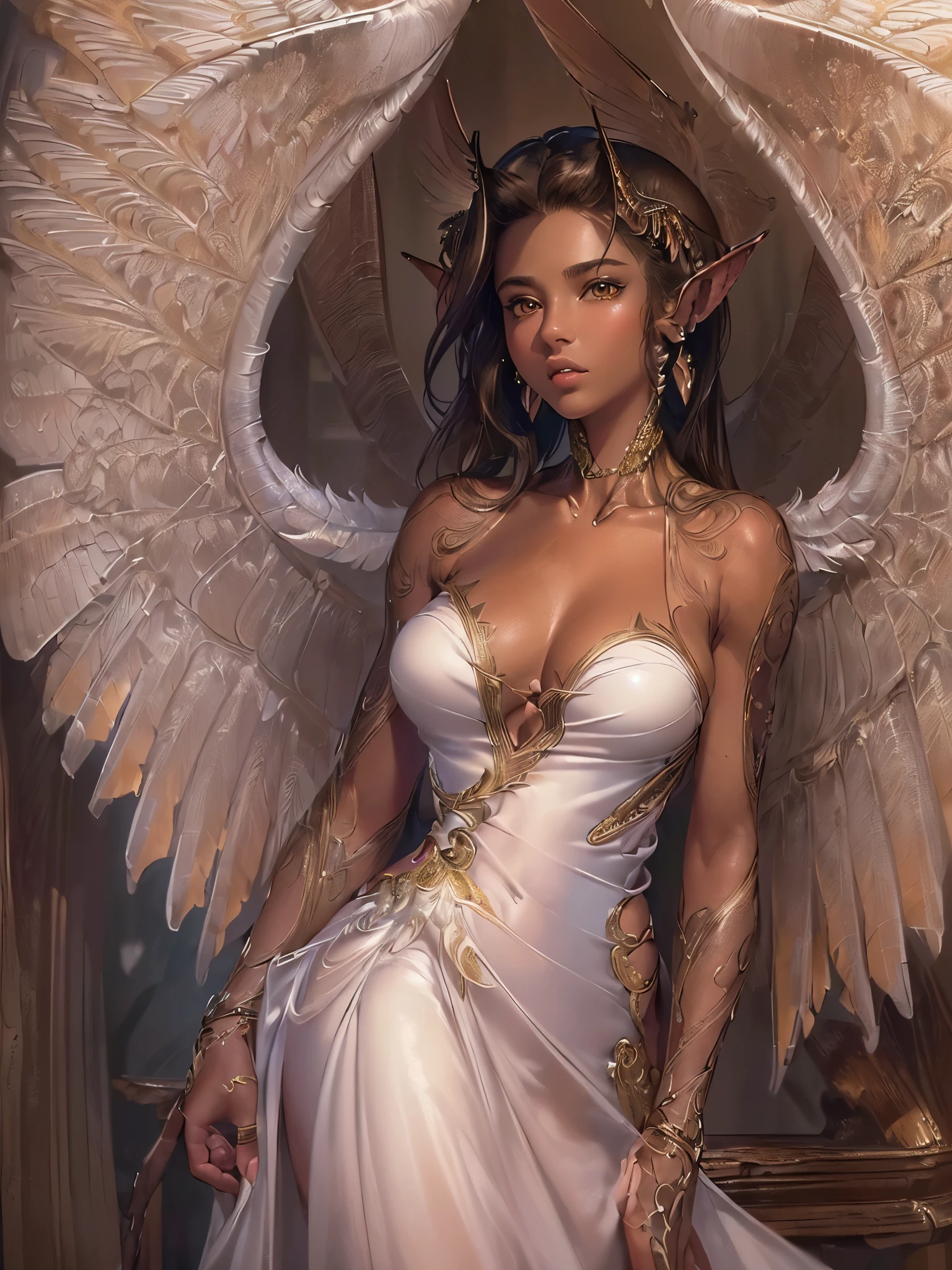 ((Highest quality)),(Ultra-high resolution),(Super detailed),(Detailed Description),((The best CG)),(masterpiece),Highly detailed art,(Art with precise detail:1.5), (woman:1.7),(Gorgeous backless dress:1.6),(Pointed Ears:1.3),(Smooth brown skin:1.6),((Wings on the back:1.6))