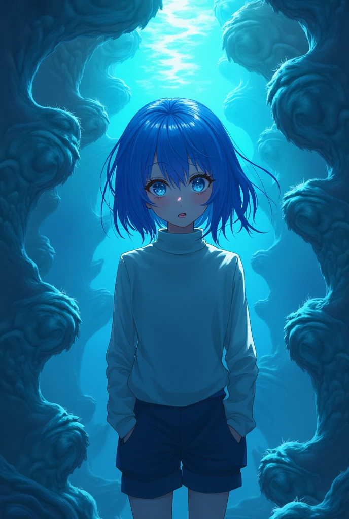 8k, One girl, High collar, nice, (Fractal Art 1.8), Pouting, Young people, Blue Hair, Deep in the ocean, nice, dynamic, Visual impact, Put your hands in your pockets, (Lens Wave 1.5)