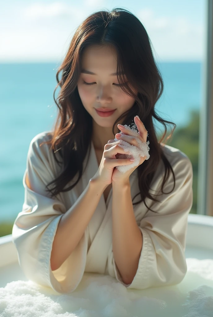 Create an Asian beauty，Wearing a white satin bathrobe，Washing hair with hands on head，There is a lot of foam on the head，The expression is happy，Upper Body，The characters are realistic and realistic，Sea view bathroom background，9:16 frames，Ultra-high-definition picture quality