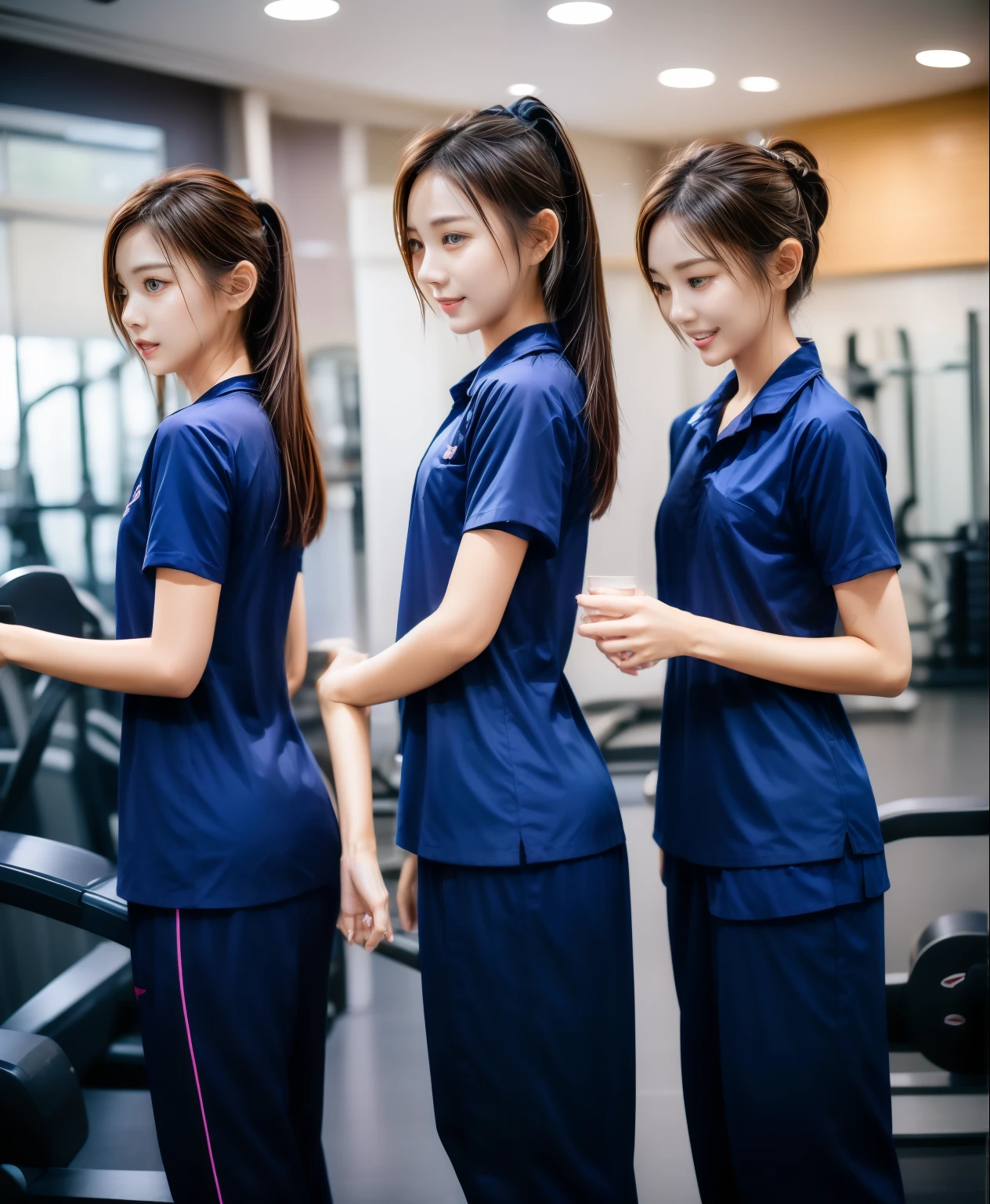 3 girls in fitness center, Navy blue short-sleeved shirt,Navy Long Trackpant,Sweatpants, Sweatpantsขายาว,25 year old girl, lesbian, sexy, exercise clothes, wet body, exercise clothes