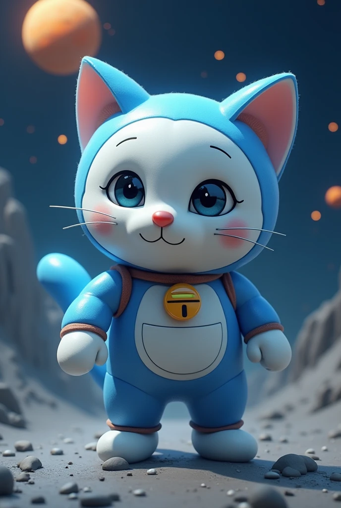 a white and blue robot cat, doraemon, detailed fur, detailed eyes, detailed face, detailed expression, in a futuristic sci-fi setting, floating in space, with planets and stars in the background, highly detailed, photorealistic, 8k, cinematic lighting, vibrant colors