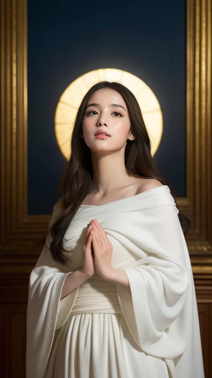 Create an image of "The Immaculate Conception" in a Baroque painting style. The central figure should be a serene, beautiful young Virgin Mary with long brown hair, slim body, dressed in a flowing white gown. She is depicted standing on a crescent moon, with her hands clasped in prayer, looking upwards with a calm expression. Her gown should be adorned with a blue mantle that drapes over her arms and around her body. The background should be warm with a golden, heavenly light that emphasizes the divine nature of the scene. The overall composition should evoke a sense of purity, divinity, and grace, characteristic of Murillo's Baroque religious paintings.