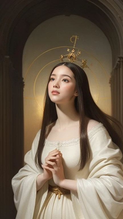 Create an image of "The Immaculate Conception" in a Baroque painting style. The central figure should be a serene, beautiful young Virgin Mary with long brown hair, slim body, dressed in a flowing white gown. She is depicted standing on a crescent moon, with her hands clasped in prayer, looking upwards with a calm expression. Her gown should be adorned with a blue mantle that drapes over her arms and around her body. The background should be warm with a golden, heavenly light that emphasizes the divine nature of the scene. The overall composition should evoke a sense of purity, divinity, and grace, characteristic of Murillo's Baroque religious paintings.