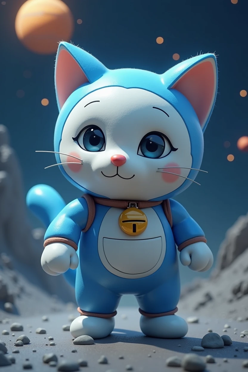 a white and blue robot cat, doraemon, detailed fur, detailed eyes, detailed face, detailed expression, in a futuristic sci-fi setting, floating in space, with planets and stars in the background, highly detailed, photorealistic, 8k, cinematic lighting, vibrant colors
