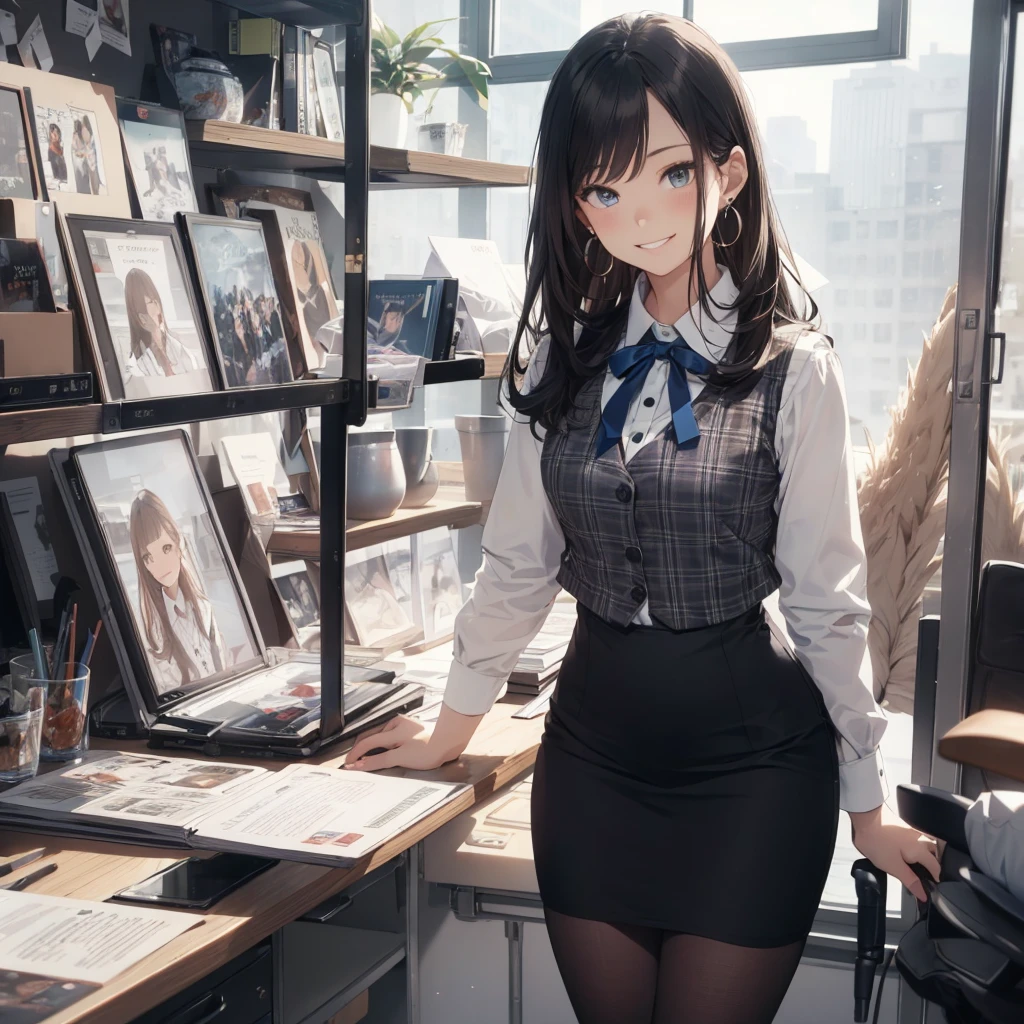 (Best Quality, Masterpiece),Wearing a pink plaid vest, White short sleeved shirt, Gray pencil skirt, Wear stiletto heels, Necklace, earrings, Cute face, Smile, Blushing, Shyness, Glass wall, Ultra Detail, Realistic, Front view, Whole body, stunning, cute, warm smile, hourglass figure, apron, text, chart, advertising, magazine title(Best Quality, Masterpiece), Mag((((1ladyl,)))) (masterpiece), (realistic), (best quality), (ultra-detailed), (wearing in [[white and gray check pattern]] Vest worn over white collared long-sleeved shirt:1.4), (gray vest with buttons:1.2), (Pink Theme:1.2), (blue ribbon ribbon:1.3), (Black theme:1.4), (Tight black pencil skirt:1.5), ((Brown pantyhose)), (high-heels:1.1),longskirt,office desk, office chair,Lulubre Unity 8K Wallpaper, pantyshot, long brown hair, office lady Magazine Cover, 1girl,  amazing, girl, 30 years old, house wiife, warm smile, hourglass figure, text, chart, advertising, 