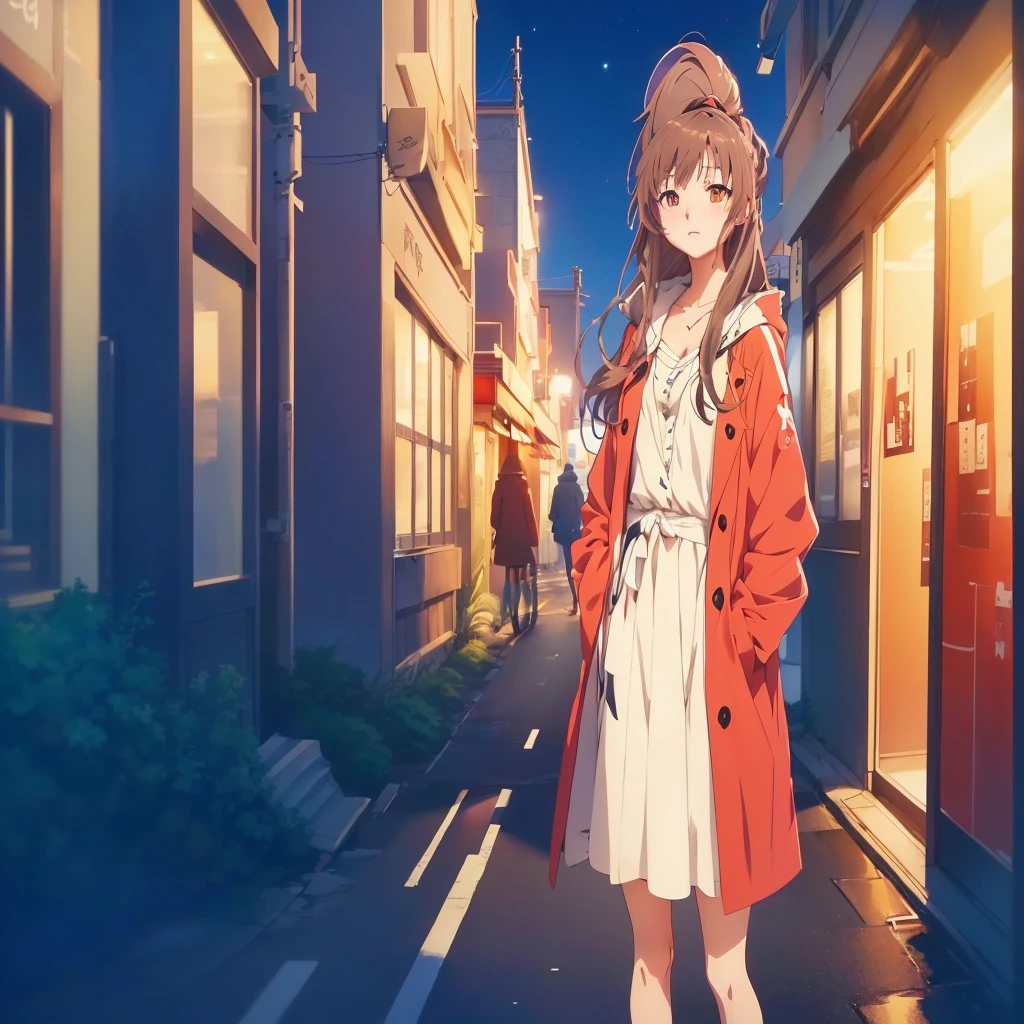 anime girl in red coat standing on street in urban area, anime visual of a cute girl, anime style 4 k, anime moe artstyle, anime style. 8k, in style of kyoto animation, standing in a city street, anime art wallpaper 8 k, young anime girl, visual novel key visual, anime style illustration, standing in the street, standing in the streets