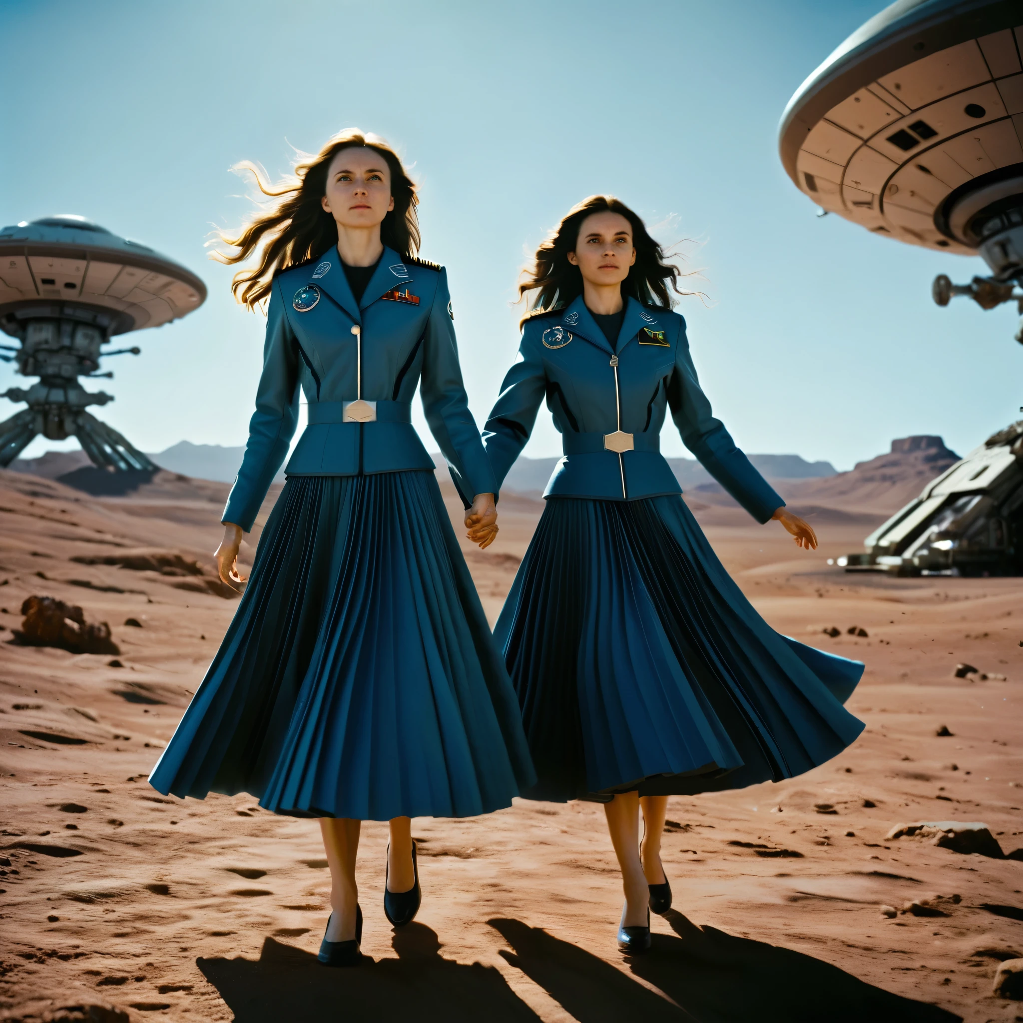 85mm photograph of Sapphic Space Lesbians, commanding spaceships, exploring space, investigating anomalies, doing scientific R&D, attending council meetings, conducting espionage, conducting archeological excavations, investigating astral rifts, wearing (long pleated full circle skirts), uniform jackets and (woman's low heel office shoes), (pronounced (girly) features), (very windy), skirts are flowing wildly in the wind, lesbian space stations, sci-fi, skirts in space, women wearing skirts, love skirts, empathy, compassion, romance and love, (pronounced (feminine) features), (highly detailed ultra accurate realistic) hands and fingers, (windy), epic composition, highly detailed attributes, (35mm f1.4 Kodak portra 400 photograph), extremely high quality RAW photograph, highly detailed atmosphere, sci-fi, cinematic shot, dynamic lighting, 75mm, Technicolor, Panavision, cinemascope, sharp focus, fine details, 8k, HDR, realism, realistic, key visual, film still, superb cinematic color grading, depth of field