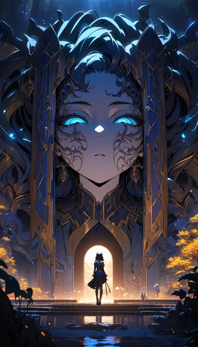 ((masterpiece, best quality)), very aesthetic, ultra detailed, intricate details, highly detailed, UHD, HDR, 8K, ishar, fate grand order, beautiful, face focus, perfect face, Silhouette creepy highschool girl in part at night with glowing eyes, night, atmosphere, detailed background, neat and clean, thin lines, vibrant environment background, (newest anime art style)
