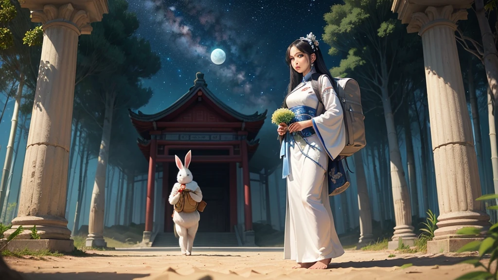 A vast expanse of silvery sand amidst the laurel trees，A beautiful and charming girl in white ancient Chinese costume，Black long hair，Charming black eyes，Standing，and a white furry rabbit wearing blue ancient clothes，Rabbit carrying bamboo backpack，Standing，Surrounded by laurel trees，The sky is deep blue，Night Sky，
