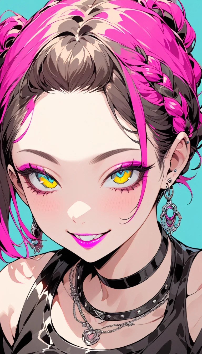 (Highest quality:1.4, City Pop Style, Very detailed, up to date, Vibrant, High Contrast, masterpiece:1.4,), Gal, Neon Color Hair, Braid, Droopy eyes, Brown skin, A gentle and attractive beautiful woman, Half-body photo, Attractive oval face, double eyelid, Pink Lips, Neon Hair, Punk Style, Earrings, (Grinning smile), jewelry, Pink lips, necklace, Goth, Cute Face, Pure light blue background.