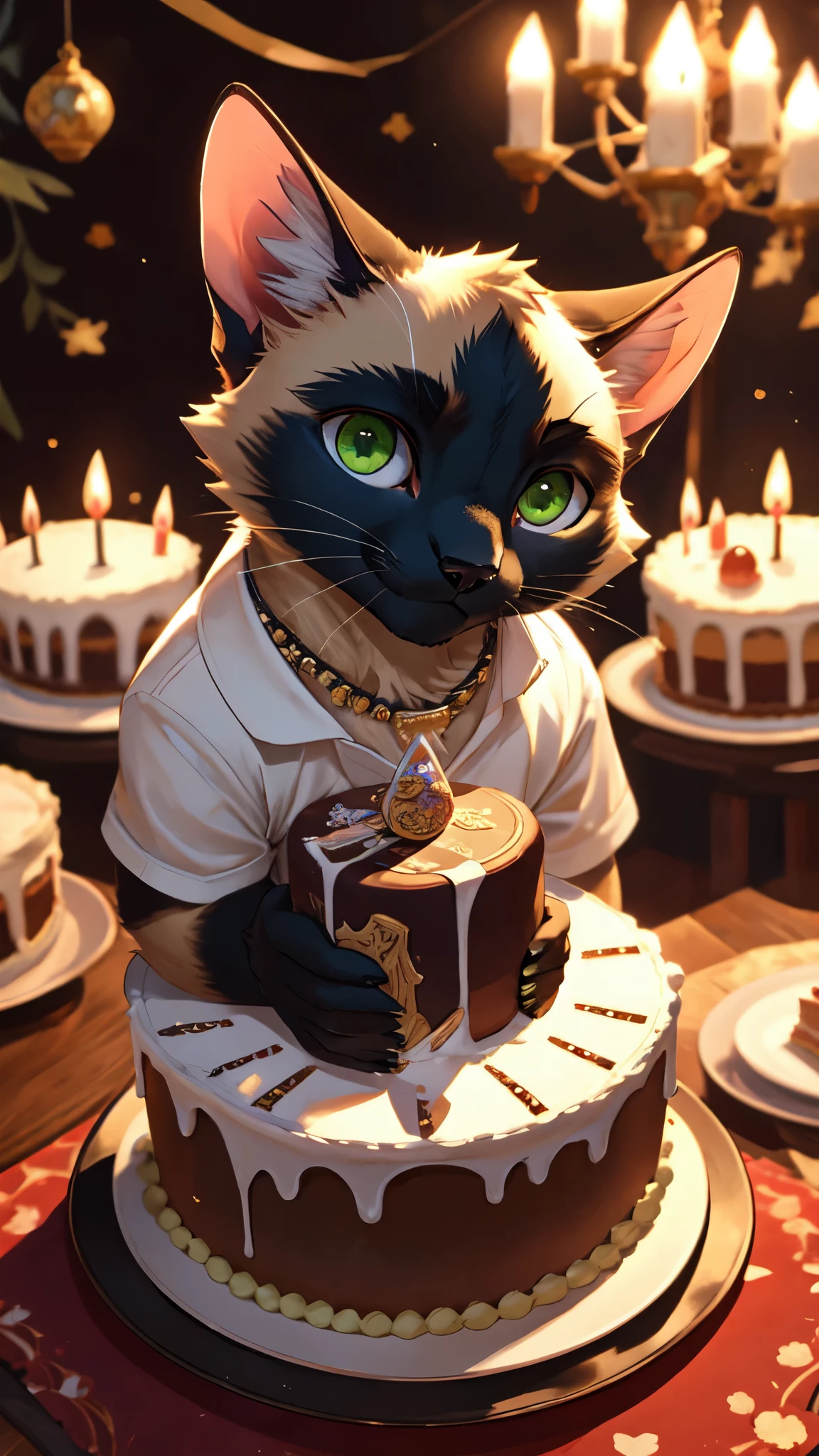 a siamese cat, furry male, green eyes, small green claws, short white fur, wearing simple clothes with a prism splash, smiling at the camera while holding a small, delicately decorated delicious cake