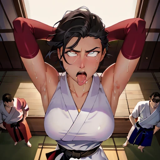 ((((masterpiece, best quality, high resolution)))), Extremely detailed 8K, 1 female, wearing a white Karate gi, (ahegao),white eyes, Small breasts, sash, japanese clothes,  No underwear,No eyeballs, Facing the audience, looking at the audience, tired, from below, (Exposed armpit:1.1), ((armpit:1.2)), sexy, Sweating, More and more sweat,(ahegao), (Roll your eyes),  open mouth, Sticking out tongue, saliva, Slobber,Skinny, raise arms, (arms above head:1.5)(Ultra HD, Ultra-detailed, Highly detailed, Highly realistic, Ultra-realistic, photograph realistic), (1girl:1.5), (Realistic black hair), (dynamic poses), facing at camera, looking at viewer, (slightly serious face), (perky breasts:1.2), (beautiful detailed face, beautiful detailed eyes), ((worn out karate gi)), (preparing for a fight), sweat, glow, (sunbeam, sunlight), ((cowboy shot)), inside a training gym, seductive, EnvyBetterHands LoCon,