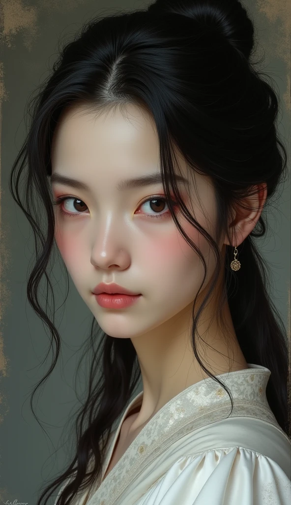 Young queen , slanted eye , white skin, dark hair