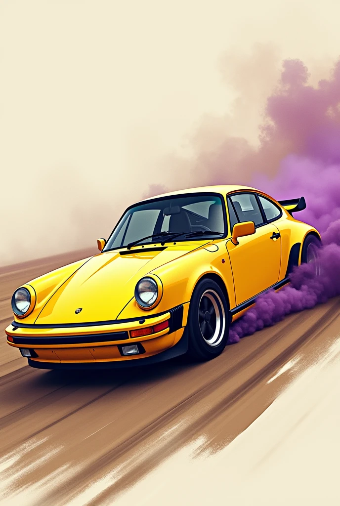 Porsche 911, bright yellow color, drifting on the brown road, purple dust from wheels in high speed, dark windows, hand paint drawing stylization