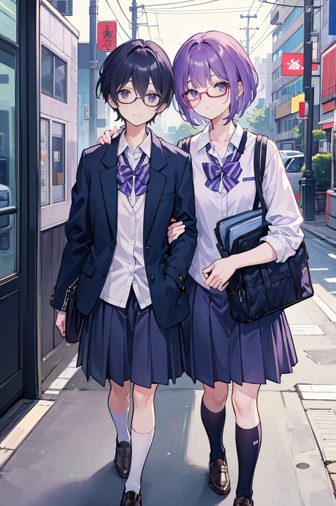 Going home in the evening、With short violet hair、I'm wearing glasses.、wearing a school uniform、carrying a school bag、Male middle school student