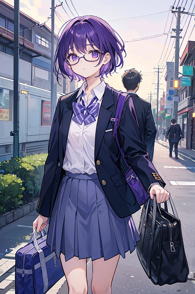 Going home in the evening、With short violet hair、I'm wearing glasses.、wearing a school uniform、carrying a school bag、Male middle school student