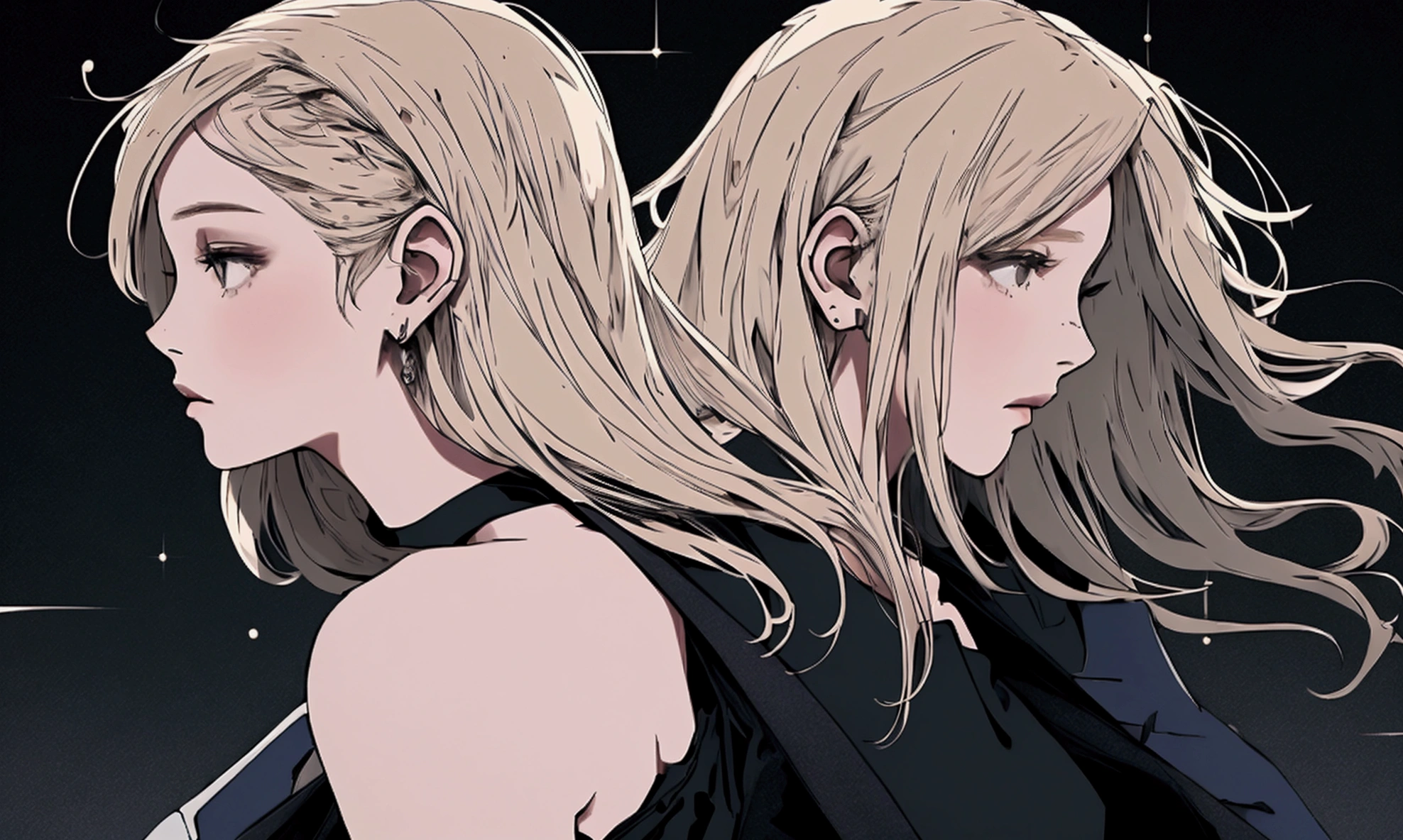 profile close up of beautiful woman, pale skin color, wind blowing in her hair, detailed hair, blonde hair, black tank top, muted tones, background is dark night sky