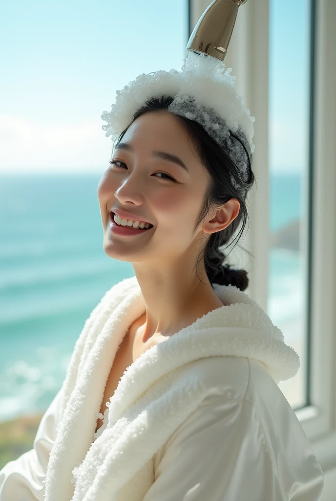Create an Asian beauty，Wearing a white satin bathrobe，Washing hair with hands on top of head，There is a lot of foam on the head，Foam wrap all over hair，Realistic foam，The expression is happy，Upper Body，The characters are realistic and realistic，Sea view bathroom background，9:16 frames，Ultra-high-definition picture quality