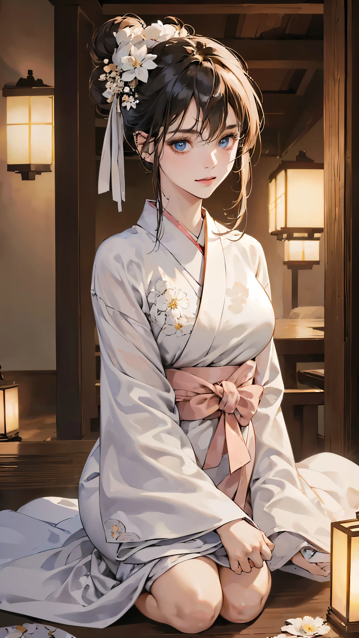 (perfect anatomy:1.2)(absurdres, highres, ultra detailed),masterpiece,best quality,high resolution,8k,Realistic face,Realistic skin texture,magnified textures, stunning clarity,(ultra detailed eyes and face),(1 girl:1.5),,black hair,messy bun,pale skin, mysterious eyes,(White flower-patterned yukata:1.2)(thin fabrik),(light pink obi:1.2),thin body type,big breasts,(expressionless:1.2)(bashful:1.1),Steampunk in the meiji Period、night、Lobby of Japanese Ryokan、hieroglyph,Ancient Egyptian statues,look at viewer,(from front:1.3),Delicate atmosphere、,cowboy shot,