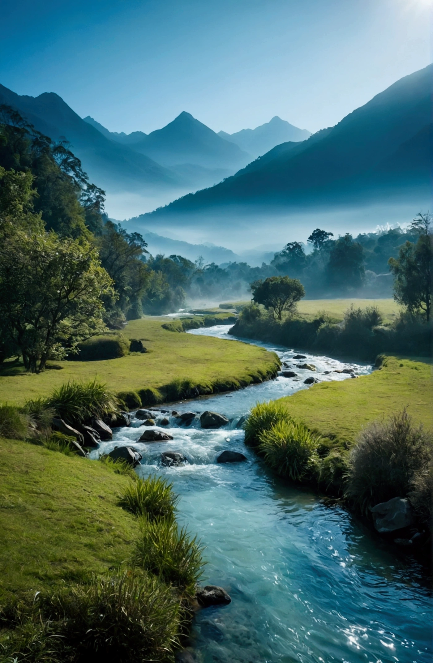 Morning Sunshine，teal hue，Stream water is clear and transparent，There are some mountains behind,Clouds and mist