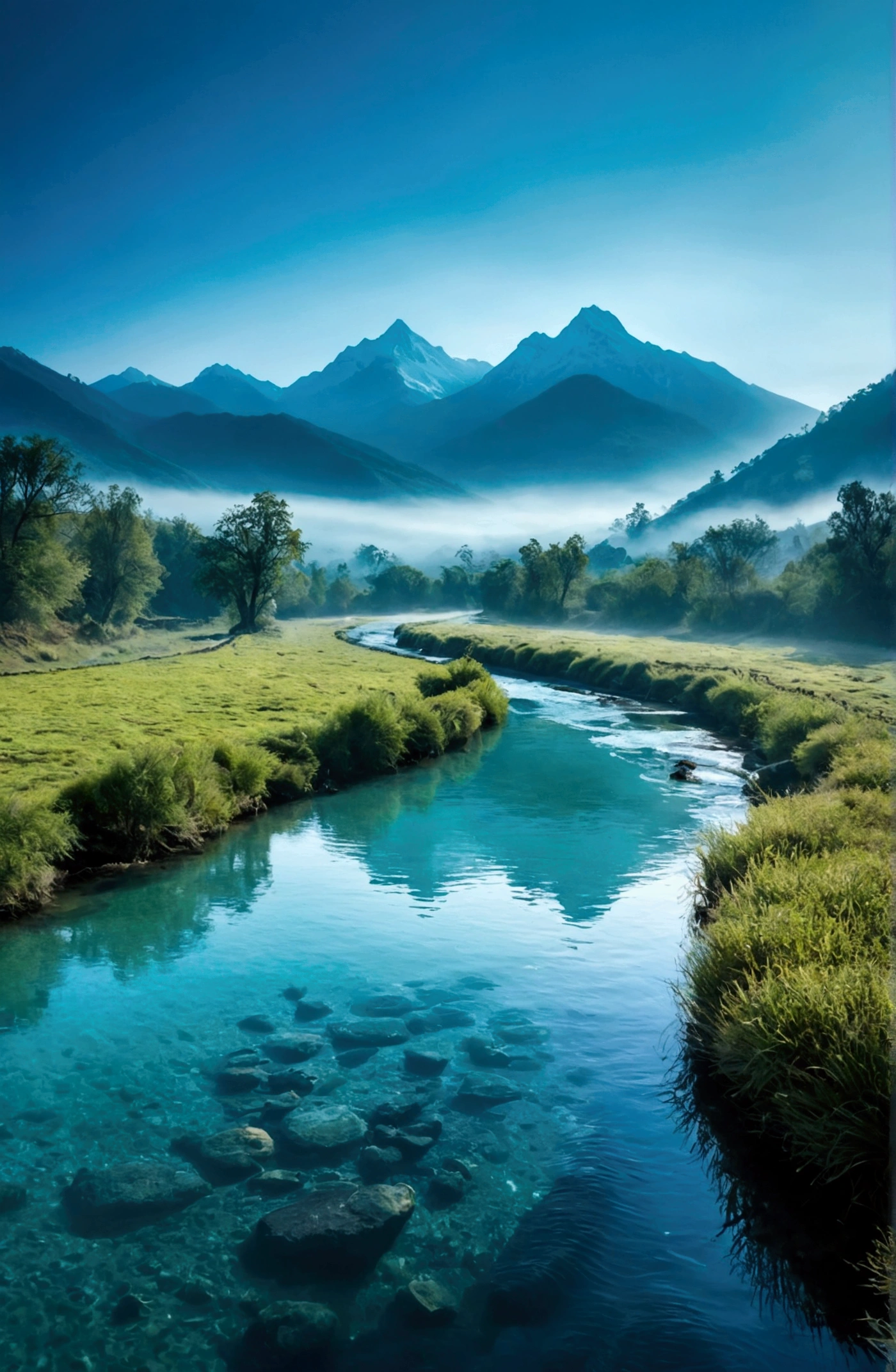 Morning Sunshine，teal hue，Stream water is clear and transparent，There are some mountains behind,Clouds and mist