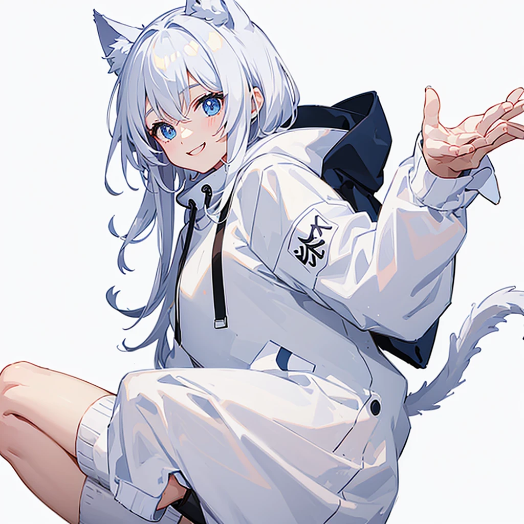 ((White background))、beautiful girl、Cat ear、Wearing a hoodie、smile