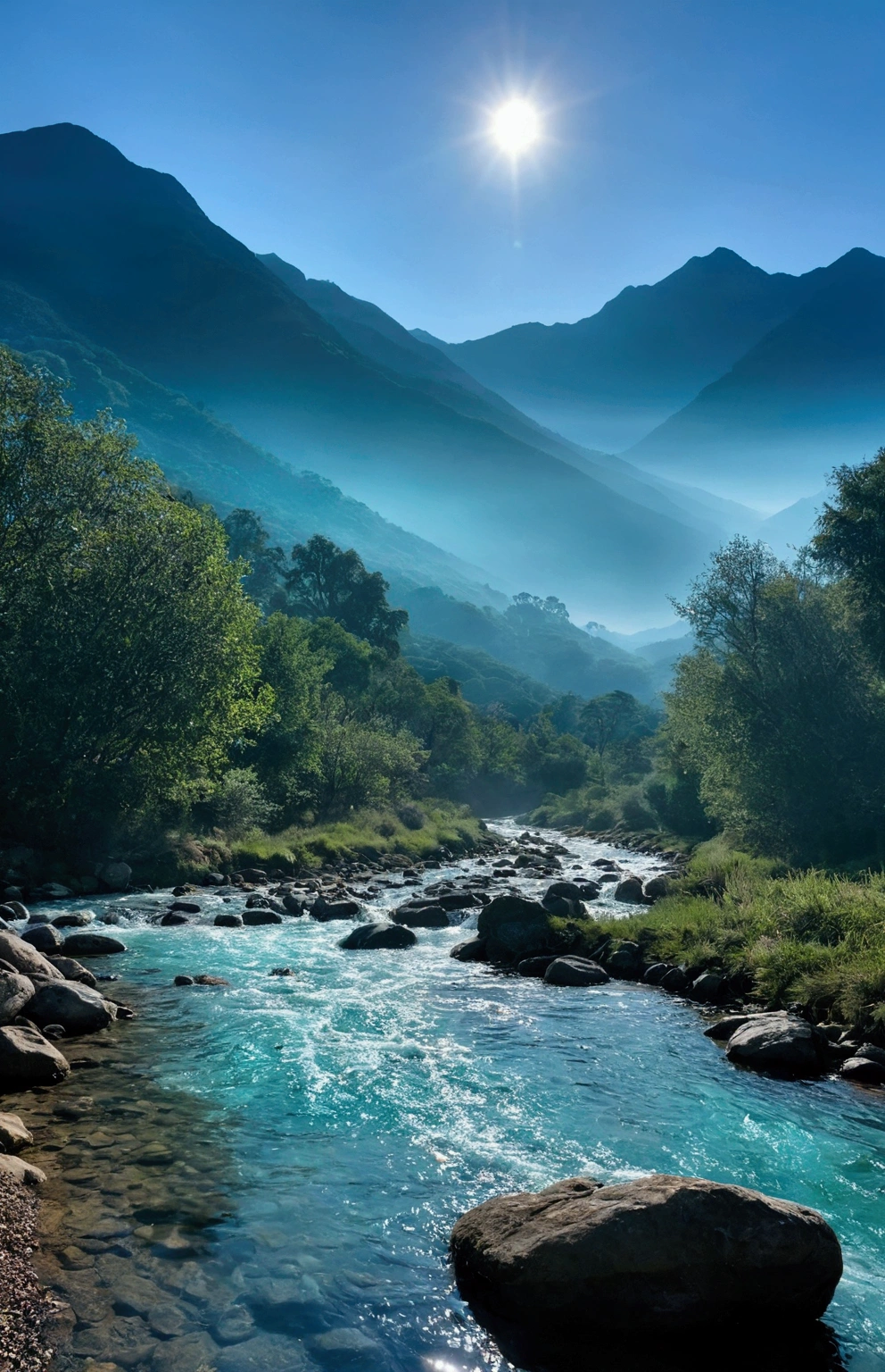 Morning Sunshine,teal hue,Stream water is clear and transparent,There are some mountains behind,Clouds and mist