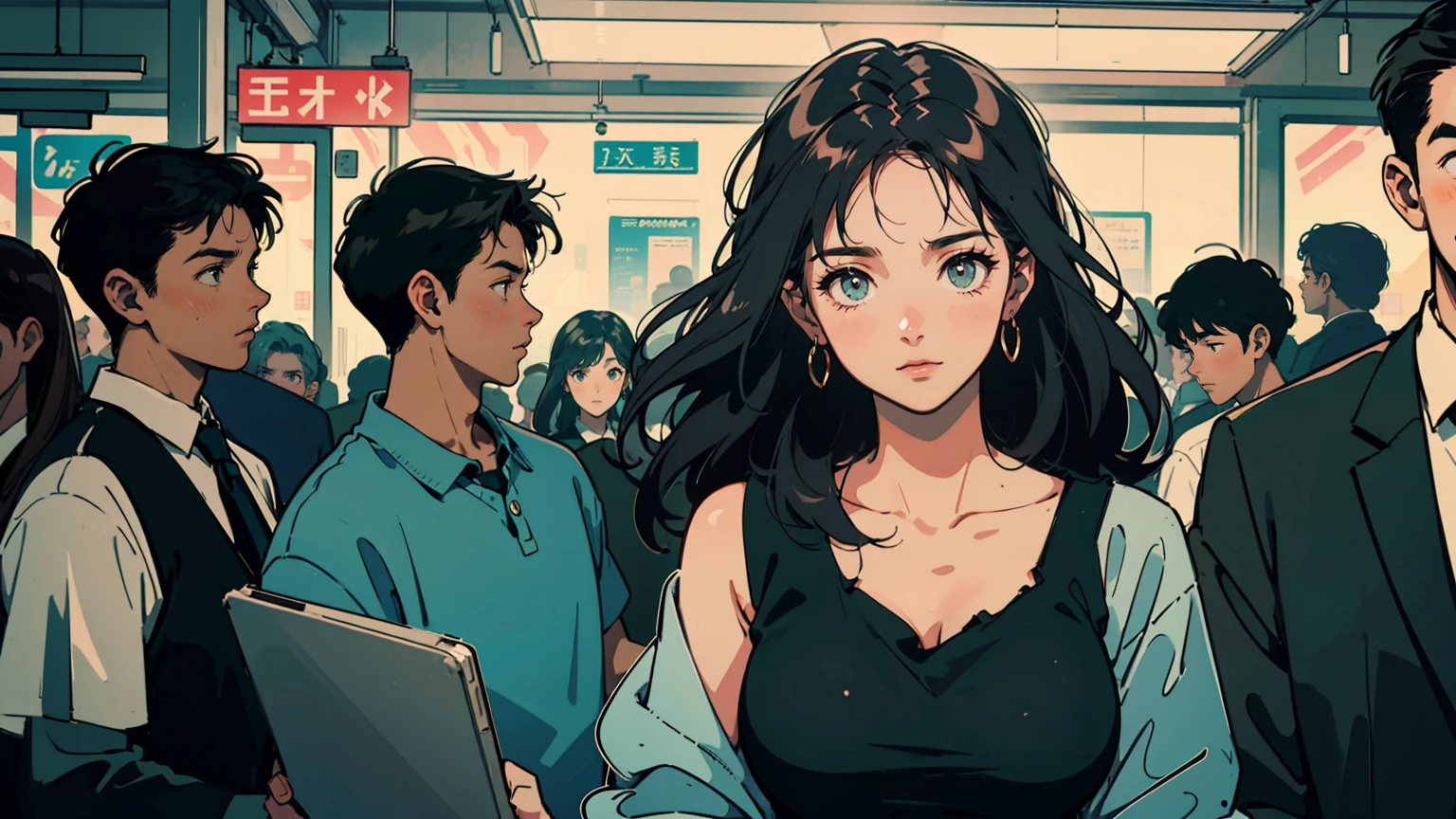 Upper body shot of a sultry, heartbroken young woman in a bustling Tokyo train station during rush hour, positioned left. She's turning towards the camera, face showing melancholy and defiance. Wearing a revealing, slightly disheveled tank top, reflecting the harsh fluorescent lights. Tousled hair from the summer heat and humidity. Background filled with a sea of commuters in business attire (their faces can't be found because of the crowd density) rushing to catch their trains. Stark contrast between her casual, provocative attire and the formal suits surrounding her. The woman's alluring isolation emphasized amidst the busy, blurred crowd of salarymen and office workers