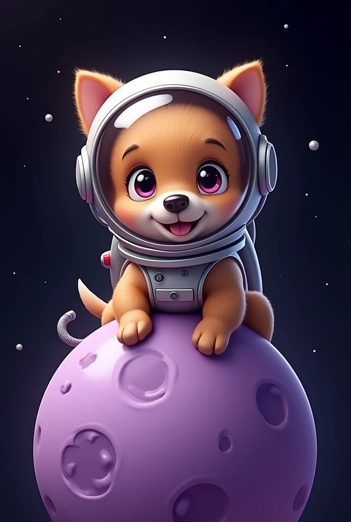 An adorable little dog wearing a shiny astronaut suit with a transparent helmet, sporting above a stylized purple moon. The moon has craters and textures, and the background is a deep black, creating a contrast that makes both the dog and the moon stand out. The dog has a cute, expressive face, with bright eyes visible through the helmet visor. The spacesuit has a metallic look with a connected pipe, and the image as a whole is designed in a whimsical, charming style.