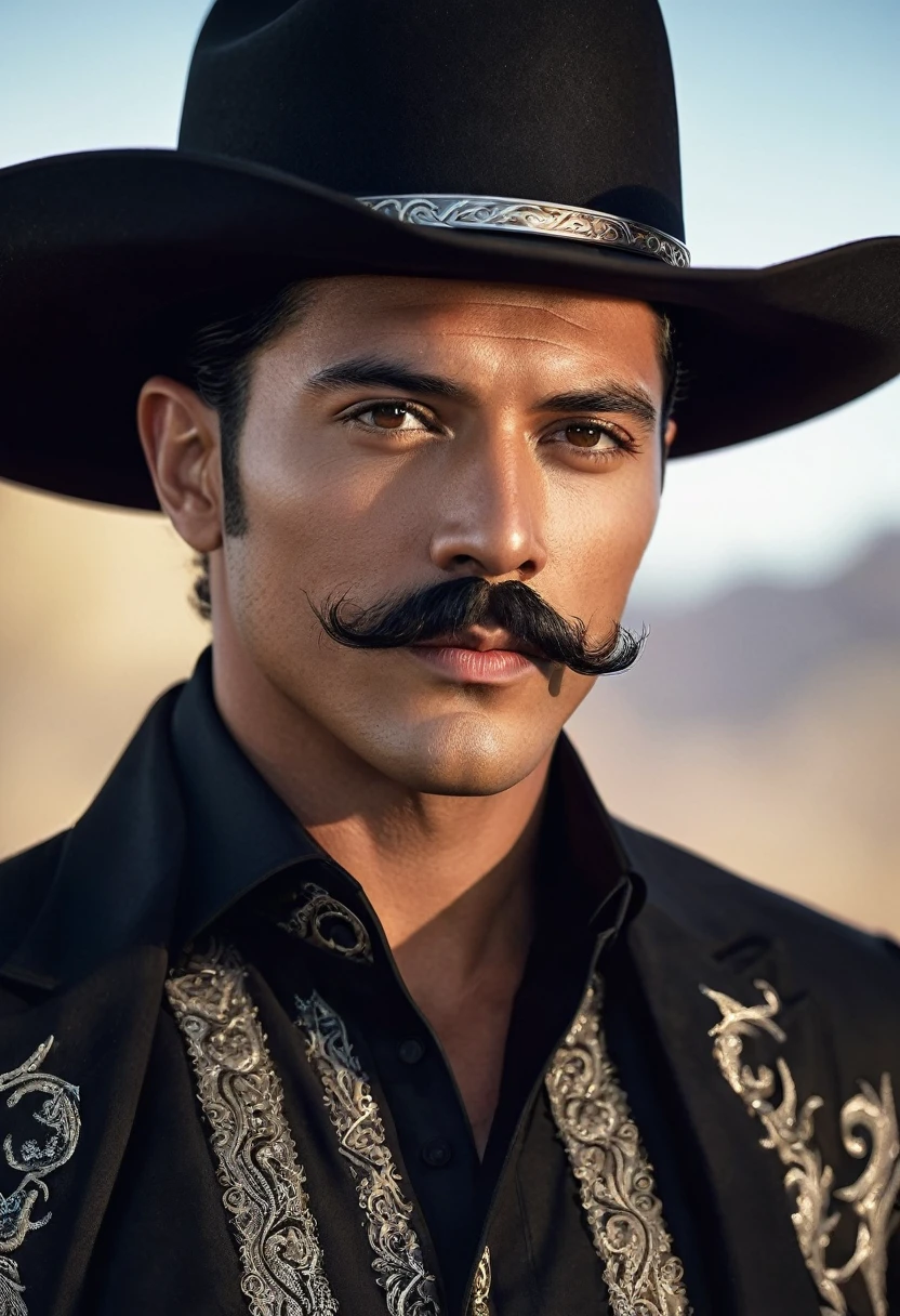 1 man, tan skin, black hair, tapered slick back hairstyle, black charro outfit, curly handlebar mustache, black cowboy hat, extremely detailed face and eyes, highly detailed, portrait, photo-realistic, hyperrealistic, dramatic lighting, cinematic, epic, masterpiece