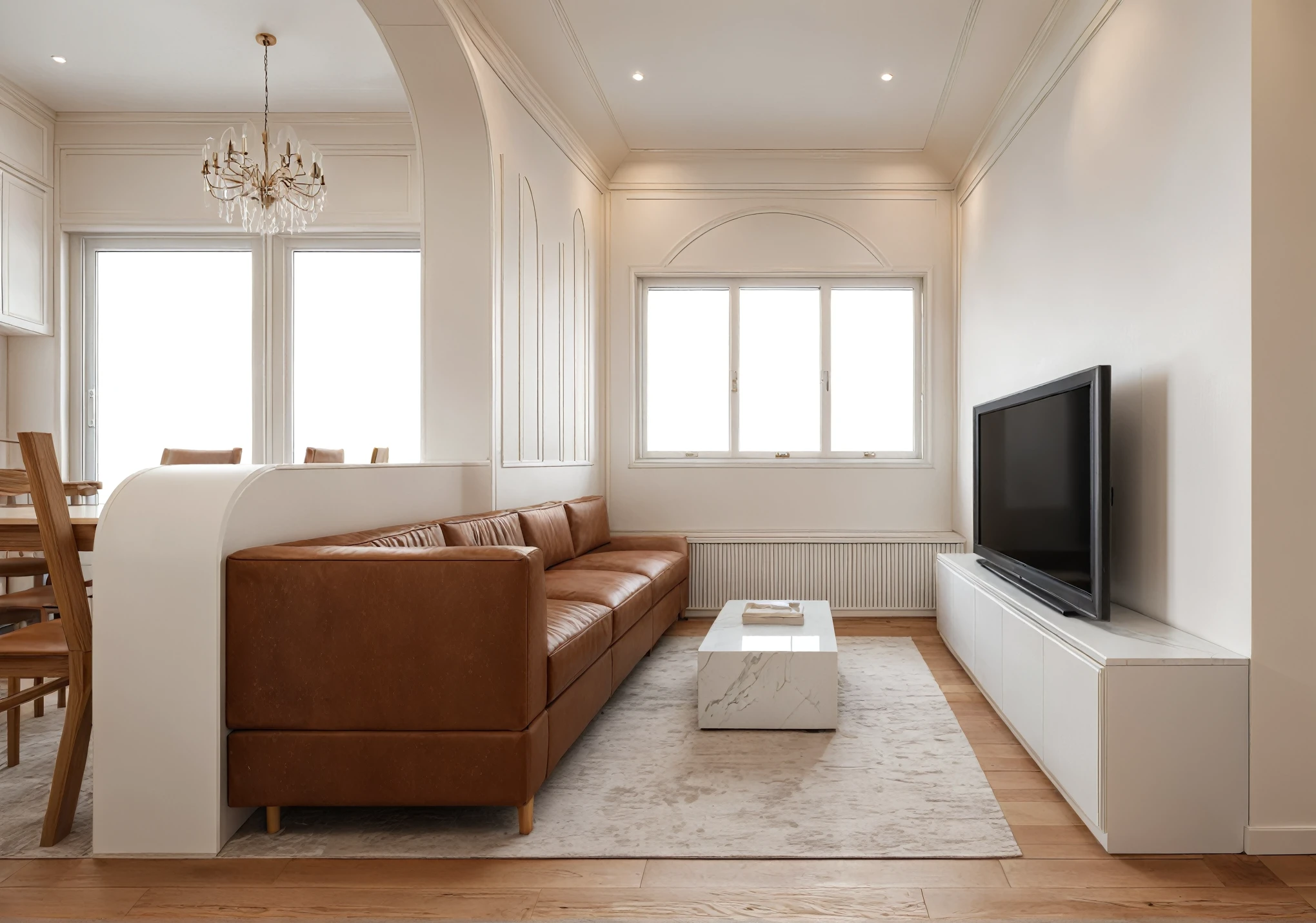 Raw photo, Masterpiece, high quality, best quality, authentic, super detail, indoor, Neoclassical livingroom interior, wooden floor, (brown leather sofa:1.1) and table, (white curtain:0.6), elegant wall, wall lamp, (glass window:1.2), natural light, console cabinet, curved arch wall, tv and cabinet, wooden bench near widow, bookshelf, flowers, plant pots, 