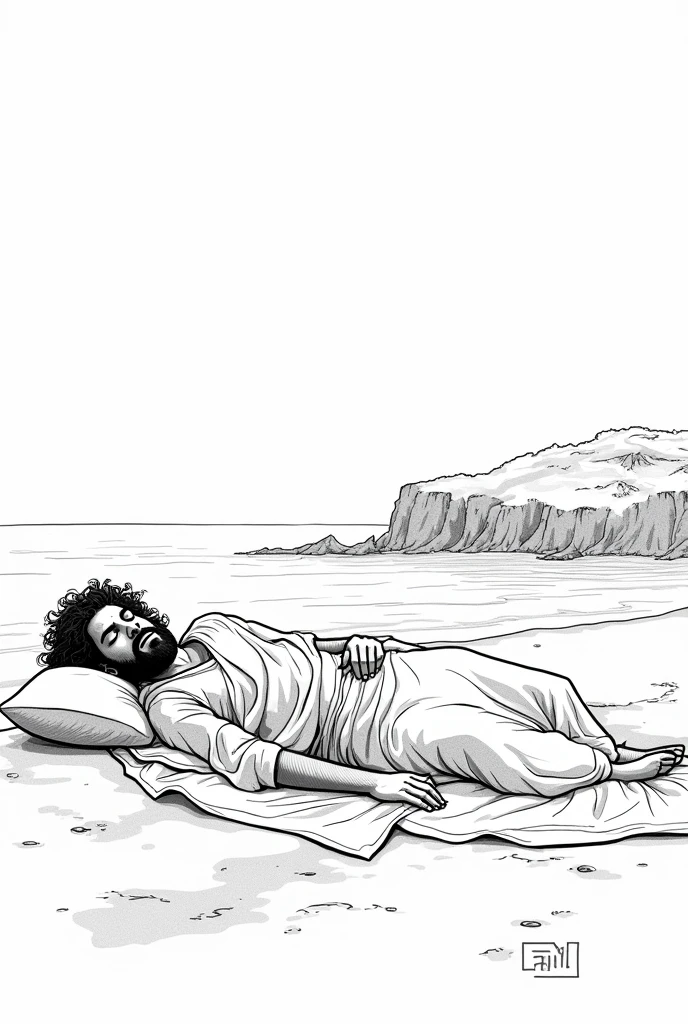 Creat a image of from sindhbad jhaji novel where sindhbad sleeping on a island Note not to fill any color leave space. Please make it coloress white photo , only draw outlines i didnt want black and white