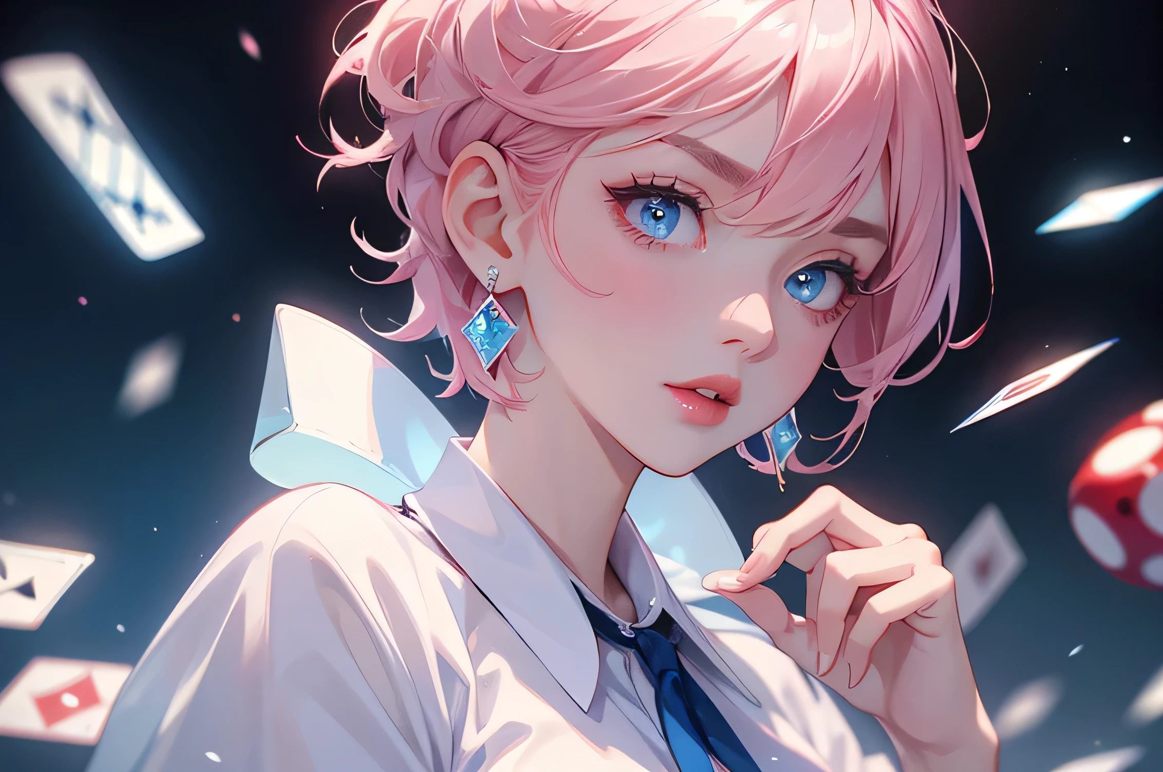 Pink Short Hair、Blue Eyes、Thick red lip、Crisp eyebrows、Diamond-shaped earrings、White shirt、Blue casino dealer uniform