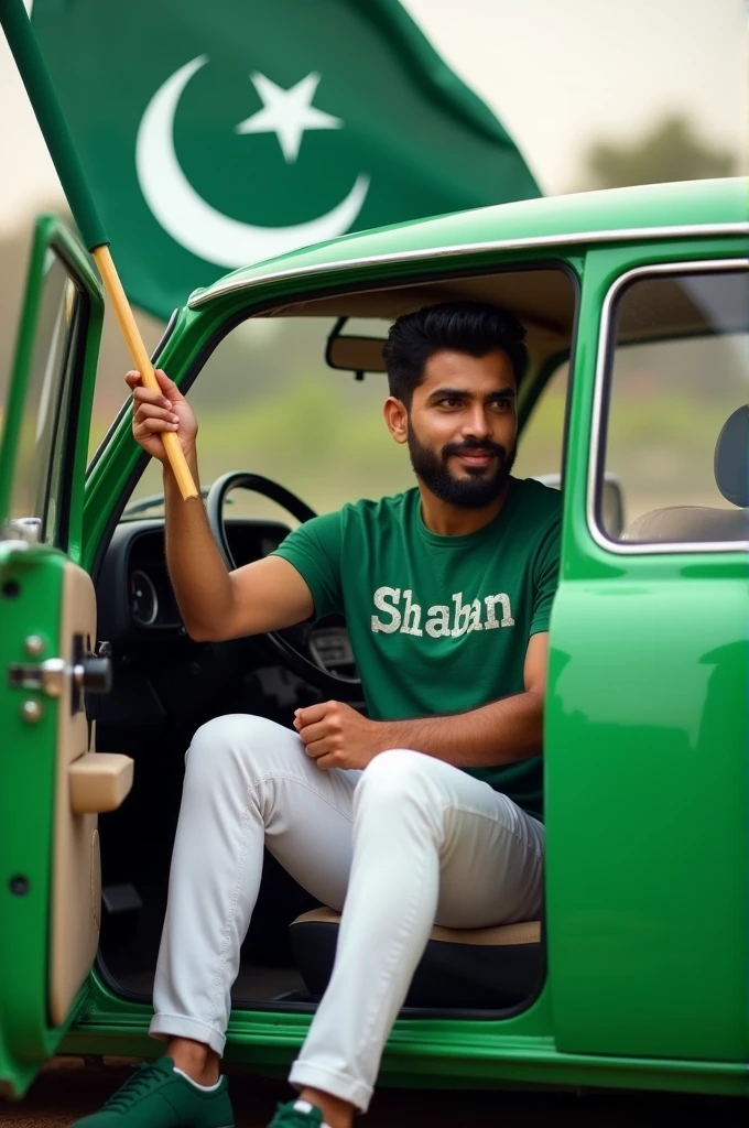 Create an image a man has in his hand Pakistan flag and sit the car this car colour is green men pent colour is white and his shoes is green and his T shirt colour is green"Shaban" name write in his T shirt 