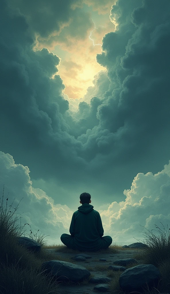 A serene landscape with a person meditating in the foreground, surrounded by stormy weather in the background, Illustration drawing stoicism