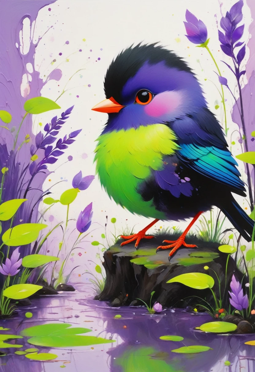 A painting:(((Colorful black,Oil stick painting,Volume,Thick coating,Uneven texture,Plaster texture,Graffiti)))。Colorful black,A small bird rests on the water grass, Bright colors的鸟, Purple和, cute的, Bright colors,cute, Lavender Color and Color Schemes, 和Purple的配色方案, Mysterious Birds, Beautiful Art, Purple, Whimsical Art, 和Purple色调, Lime and Violet, Close together,, spring, Inspired by Tomokazu Matsuyama, Delightful