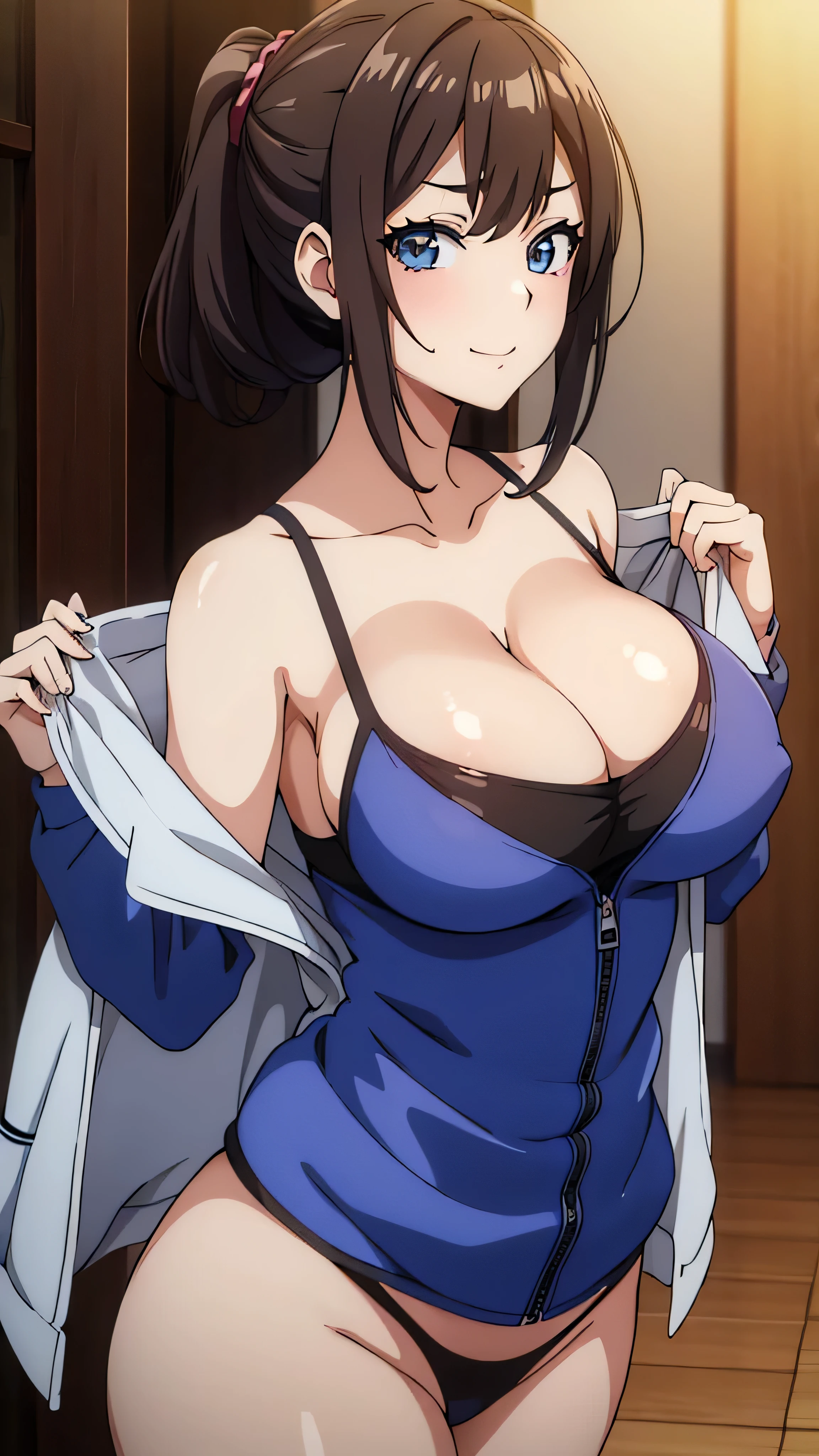 (((masterpiece))),fuyumi itadori, Anime girl characters, 1girl, solo, looking at viewer, medium hair long sleeves, cleavage, bigger breasts, closed mouth, collarbone, jacket, open clothes, open jacket, blue jacket, ground vehicle, sports bra, tall girl, horny, big ass, beautiful face,Charming, anime visual of a cute girl, screenshot from the anime film, & her expression is solemn, ahegao face, in the anime film, in an anime, anime visual of a young woman, she has a cute expressive face, still from anime, perfect breasts, she is tall, All bodies visible, ahegao face, the face is ahegao, she is horny, A perverted face, she so perverted, she smile so perverted, hd picture, 4k quality, details of the face is so good,bigger breasts,