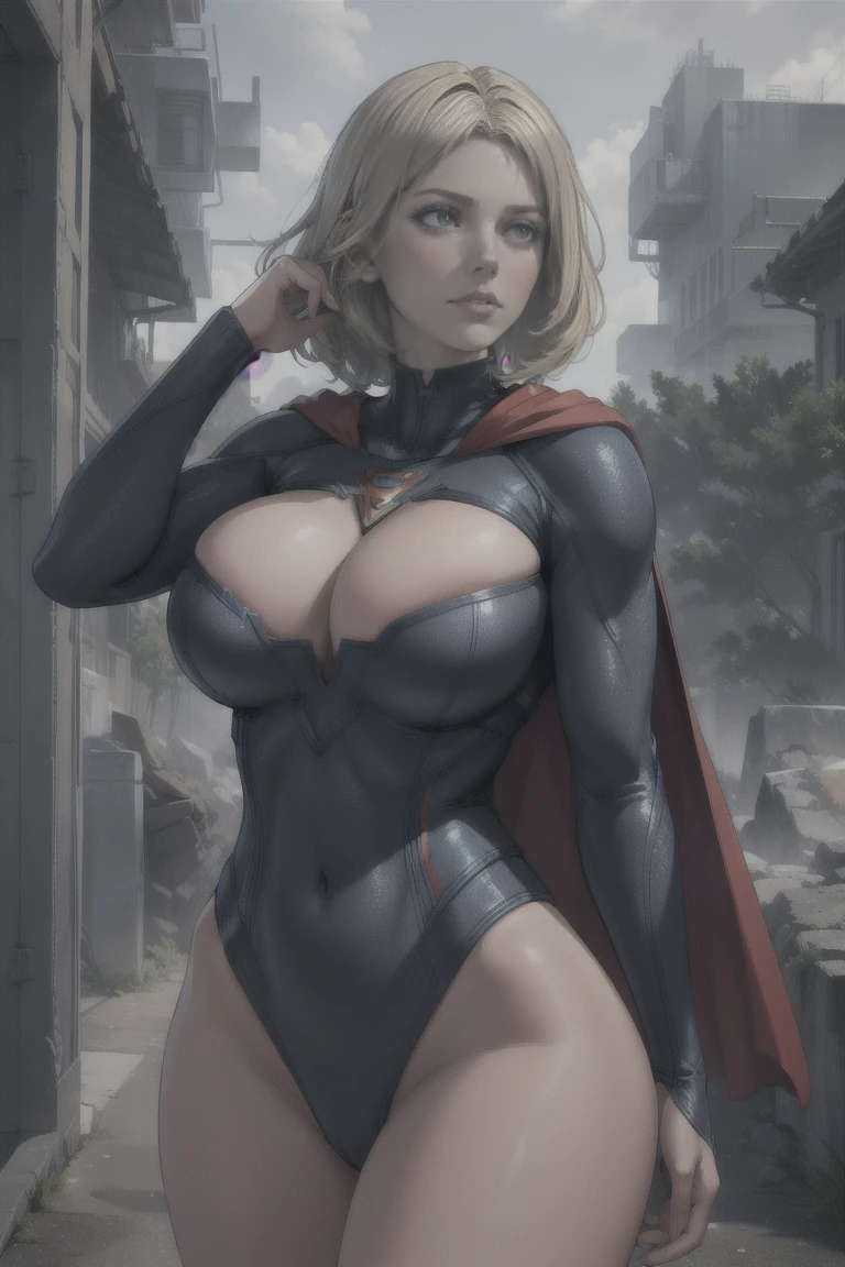 a beautiful girl with short white hair, wearing a tight supergirl costume with long sleeves, huge breasts,perfect body,wide hips (best quality,4k,8k,highres,masterpiece:1.2),ultra-detailed,(realistic,photorealistic,photo-realistic:1.37),hyper detailed facial features,extremely detailed eyes and face,longeyelashes,highly detailed costume,dynamic pose,action scene,moody lighting,cinematic composition,vibrant colors,