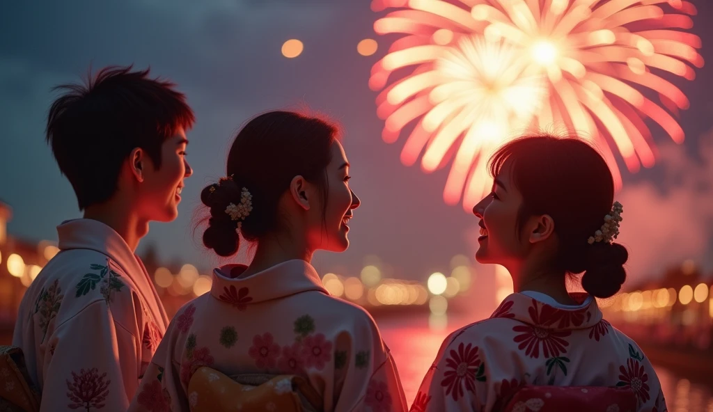 (best quality, masterpiece, ultra detailed, ultra high res, photorealistic, raw photo, absurdres, absolutely resolution), Japanese men and women wearing yukatas are smiling and watching fireworks