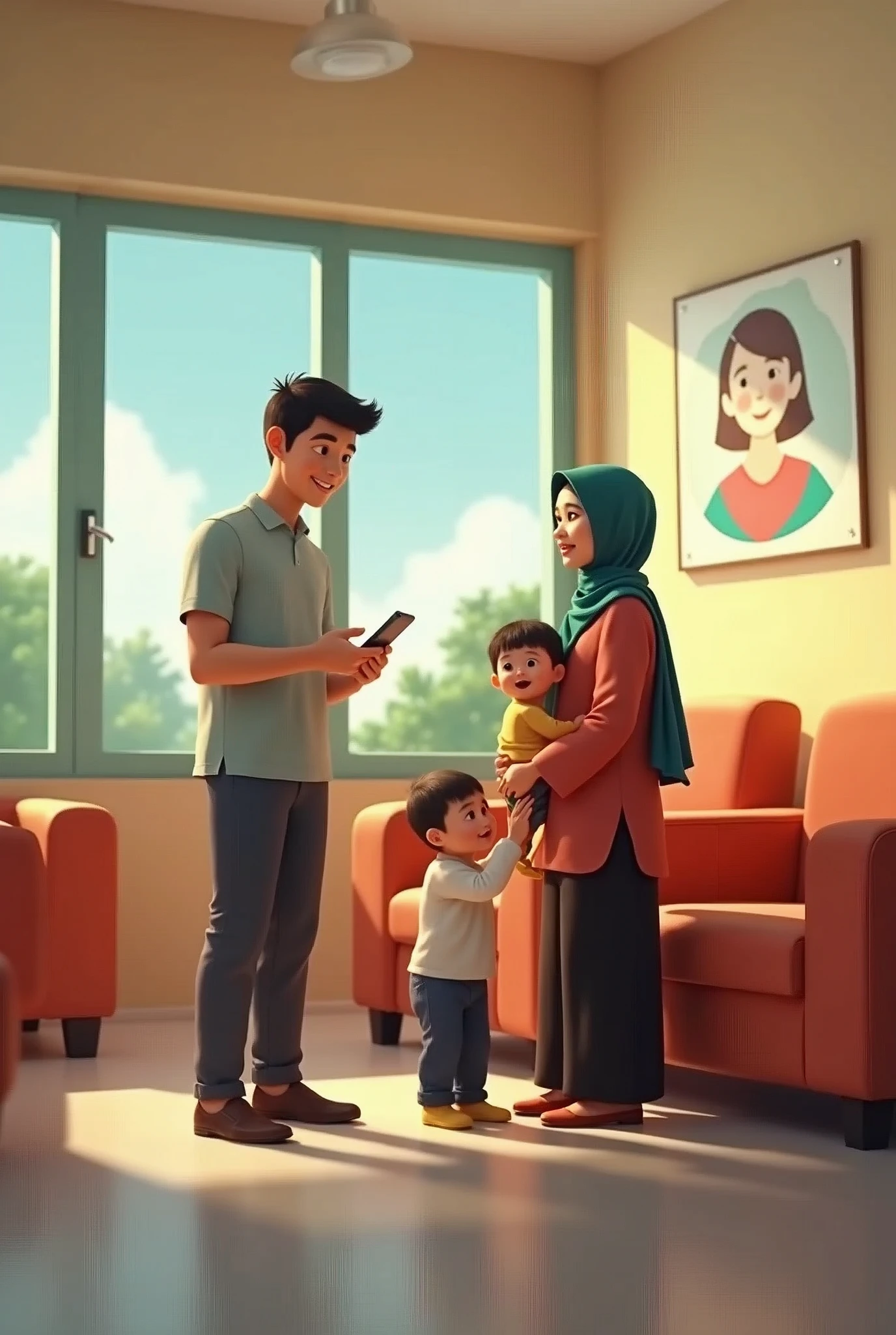 Create a 3D realistic scene of an Indonesian family visiting Puskesmas Buduran. The family consists of a mother wearing a hijab, a father, and their toddler. The mother is dressed modestly with a hijab, and the father is in casual Indonesian attire. The toddler, about 2-3 years old, is either being held by the mother or standing close to the parents, looking curious and cheerful. The setting is the waiting room of Puskesmas Buduran, with comfortable chairs, health posters on the walls, and natural light coming through large windows. The atmosphere should be warm, welcoming, and reflect the cultural nuances of Indonesia.