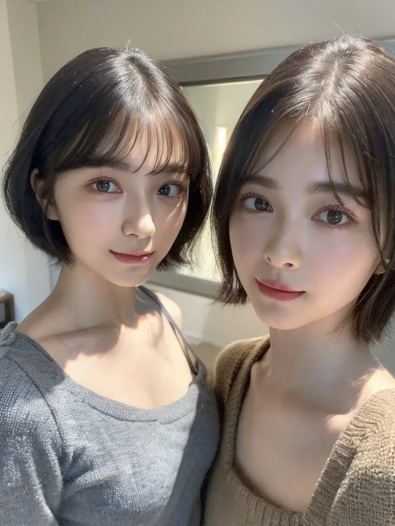 (masterpiece:1.3), (8k, Photoreal, Raw photo, best image quality: 1.4), Japanese high school girl、(random hairstyle:1.2)、cleavage:1.5、super detail face、eye for details、double eyelid、chest to chest、sharp focus:1.2、Beautiful woman:1.4、light brown hair、highest quality、masterpiece、超A high resolution、(Photoreal:1.4)、Highly detailed and professionally lit smiles、loose and light knitwear、shoulder out、thin、serious expression、short haired、deadly position
similar identical twins
All the girls have the exact same face, The two have the same face and figure, as if they were mirror images.