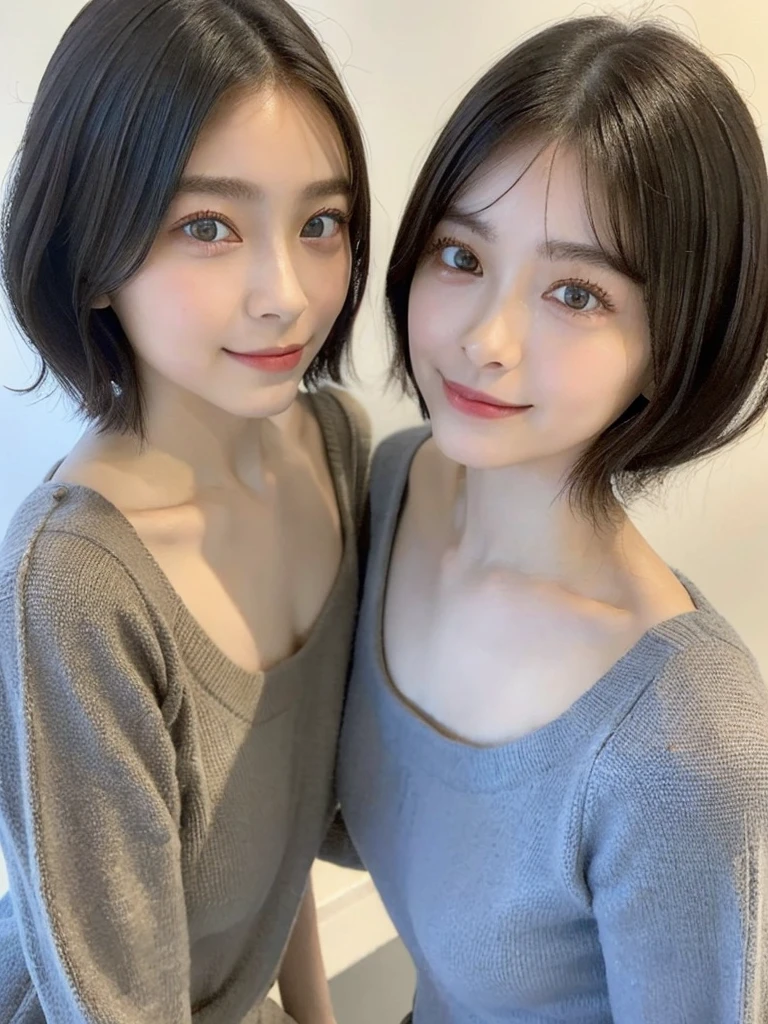 (masterpiece:1.3), (8k, Photoreal, Raw photo, best image quality: 1.4), Japanese high school girl、(random hairstyle:1.2)、cleavage:1.5、super detail face、eye for details、double eyelid、chest to chest、sharp focus:1.2、Beautiful woman:1.4、light brown hair、highest quality、masterpiece、超A high resolution、(Photoreal:1.4)、Highly detailed and professionally lit smiles、loose and light knitwear、shoulder out、thin、serious expression、short haired、deadly position
similar identical twins
All the girls have the exact same face, The two have the same face and figure, as if they were mirror images.