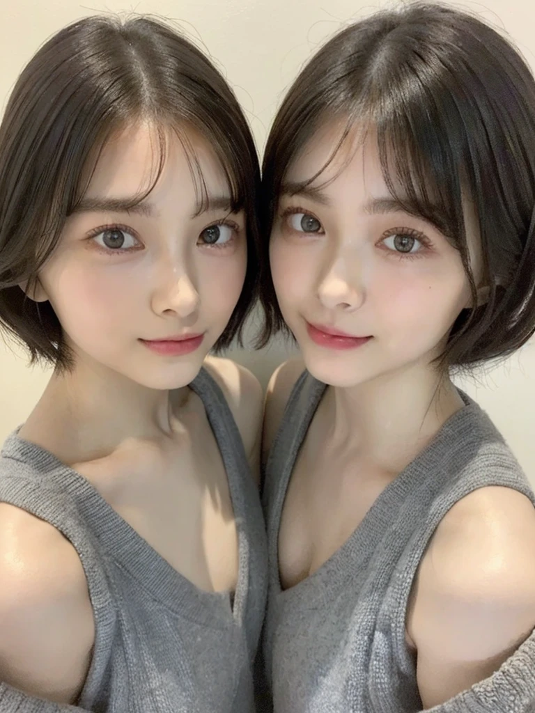 (masterpiece:1.3), (8k, Photoreal, Raw photo, best image quality: 1.4), Japanese high school girl、(random hairstyle:1.2)、cleavage:1.5、super detail face、eye for details、double eyelid、chest to chest、sharp focus:1.2、Beautiful woman:1.4、light brown hair、highest quality、masterpiece、超A high resolution、(Photoreal:1.4)、Highly detailed and professionally lit smiles、loose and light knitwear、shoulder out、thin、serious expression、short haired、deadly position
similar identical twins
All the girls have the exact same face, The two have the same face and figure, as if they were mirror images.
