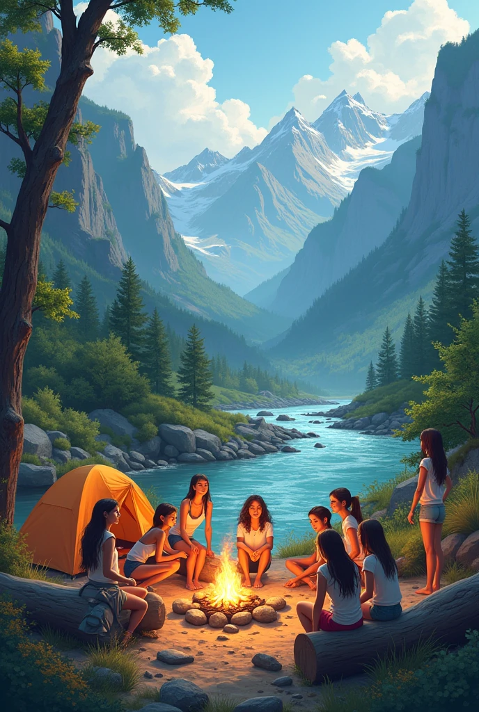 Group of girls camping in river site in mountain area