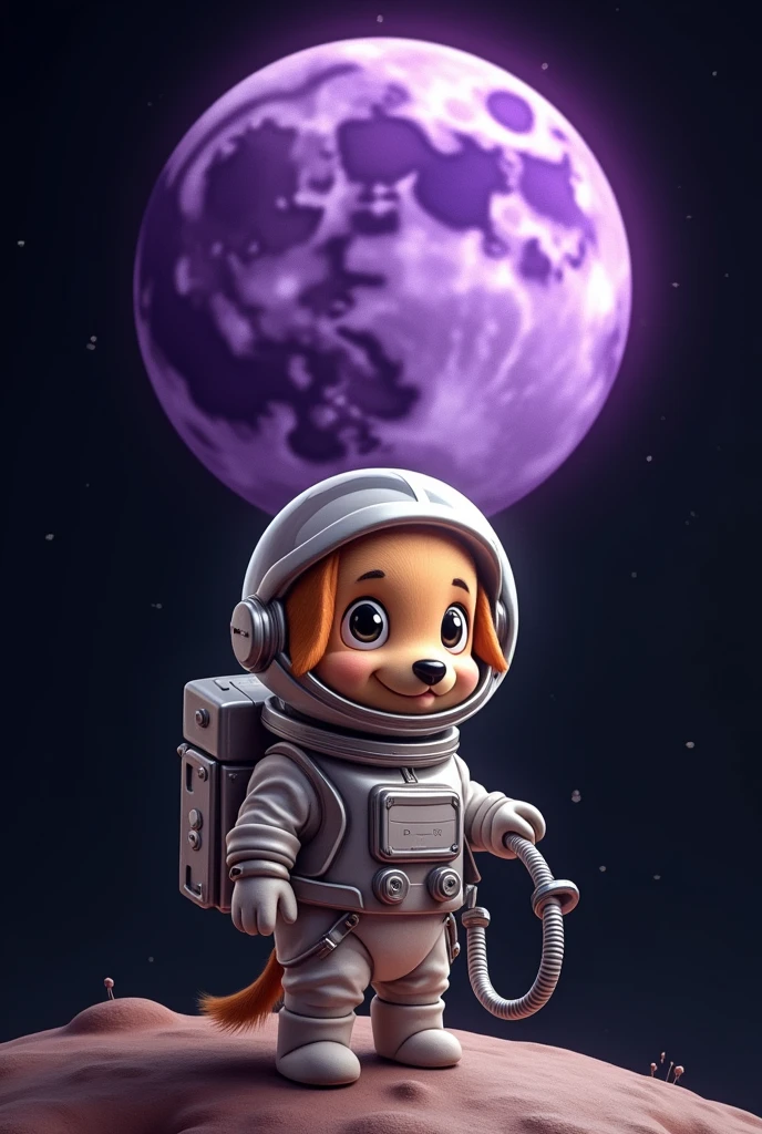 An adorable little dog wearing a shiny astronaut suit with a transparent helmet, pumping away above a stylized purple moon. The moon has craters and textures, and the background is a deep black, creating a contrast that makes both the dog and the moon stand out. The dog has a cute, expressive face, with bright eyes visible through the helmet visor. The spacesuit has a metallic look with a connected pipe, and the image as a whole is designed in a whimsical, charming style.