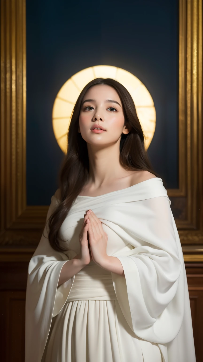 Create an image of "The Immaculate Conception" in a Baroque painting style. The central figure should be a serene, beautiful young Virgin Mary with long brown hair, slim body, dressed in a flowing white gown. She is depicted standing on a crescent moon, with her hands clasped in prayer, looking upwards with a calm expression. Her gown should be adorned with a blue mantle that drapes over her arms and around her body. The background should be warm with a golden, heavenly light that emphasizes the divine nature of the scene. The overall composition should evoke a sense of purity, divinity, and grace, characteristic of Murillo's Baroque religious paintings.