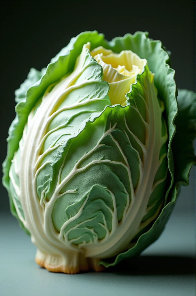 Here’s a simpler and shorter way to des i
"Create an image of a 3D model of a cabbage made from fabric, water glue mix, and candle wax. The fabric should form the layers of the cabbage, with the glue mix adding a slight shine, and the candle wax giving texture to the details. Show the model from a side view to see the layers inside."